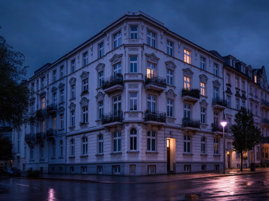 Beispielmotiv: Gründerzeit-Wohnhaus mit heller Stuckfassade zur blauen Stunde